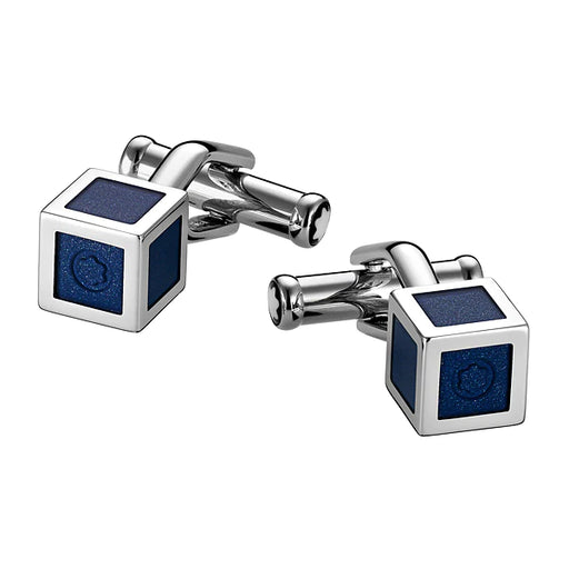 Montblanc Cufflinks Cube Stainless Steel Blue Lacquer